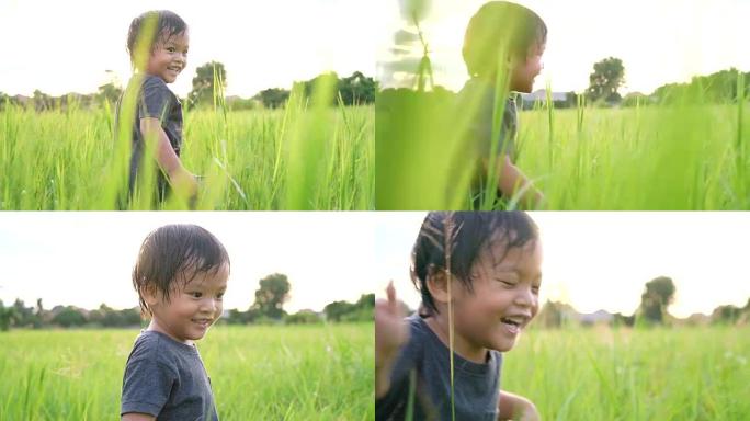 SLO MO小男孩在高高的草地上奔跑，背光。