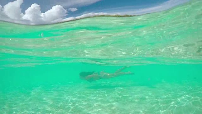 年轻女子在热带岛屿的梦幻般的海洋中水下游泳