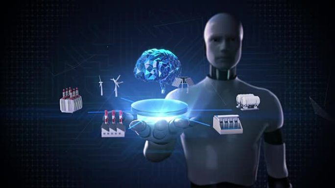 机器人，机器人开手掌，智能工厂，太阳能电池板，风力发电机，水力发电连接大脑，物联网，人工智能。
