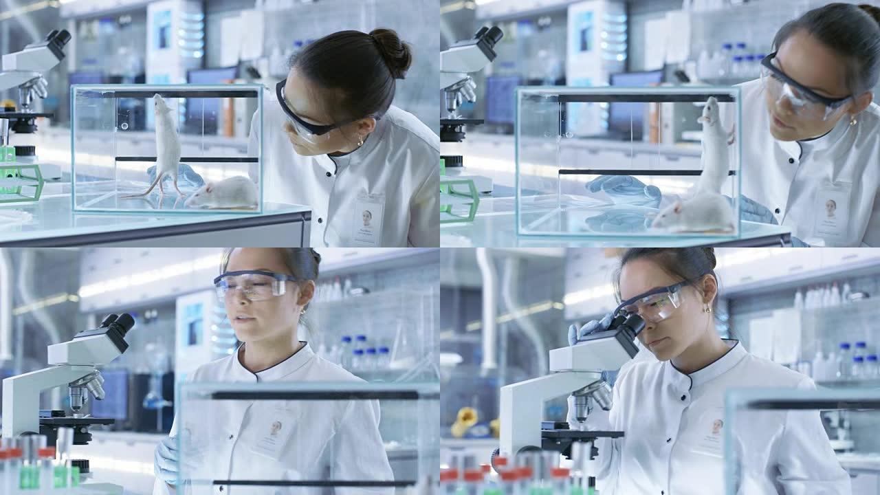 医学研究科学家检查实验室小鼠，并在显微镜下观察组织样本。她在一个轻型实验室工作。