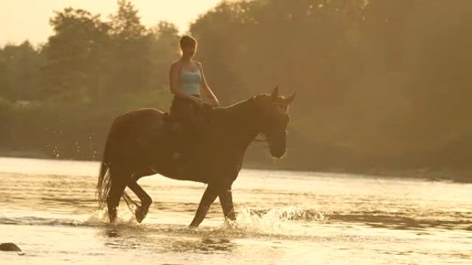 在金光日落时，年轻女子骑着棕色的马沿着宽阔的河