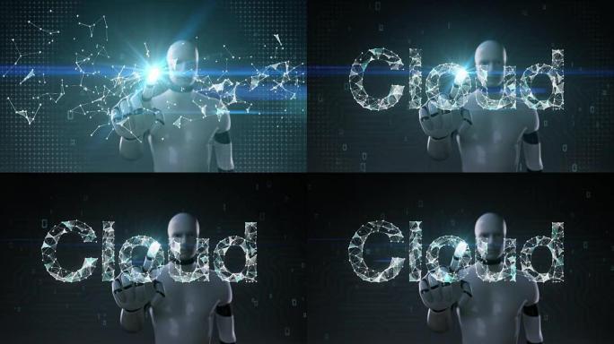 机器人，半机械人触摸屏幕，许多点聚集在一起，创建一个 “云” 错字的低多边形网络。