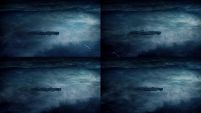 在电风暴中，太空飞船位于行星大气上方