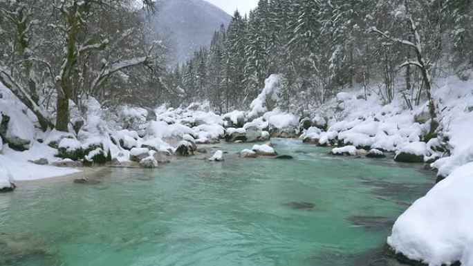 空中: 美丽的翡翠河穿过白雪皑皑的森林