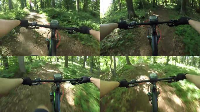 视点: 无法识别的运动自行车手在阳光普照的森林小径上骑电子自行车