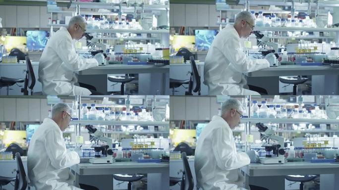 男科学家正在实验室里研究显微镜。