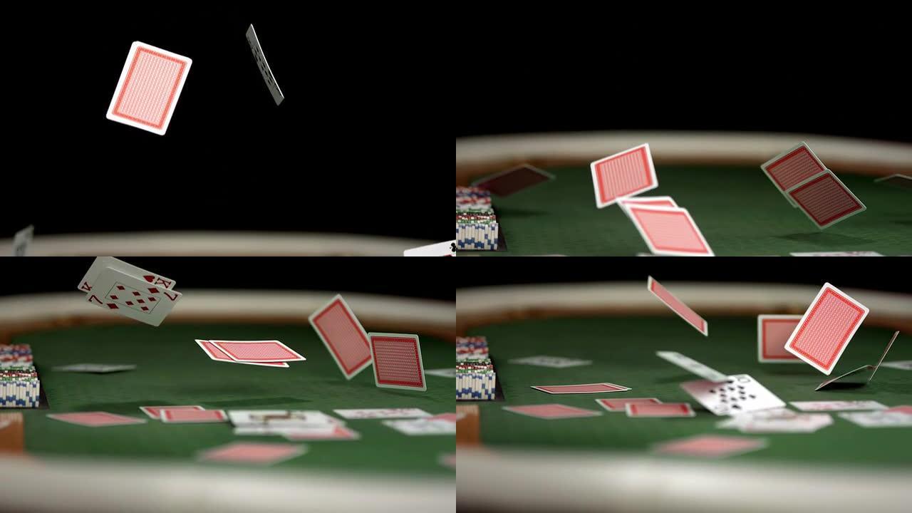 高清超级慢动作: 扑克牌落在赌场桌上