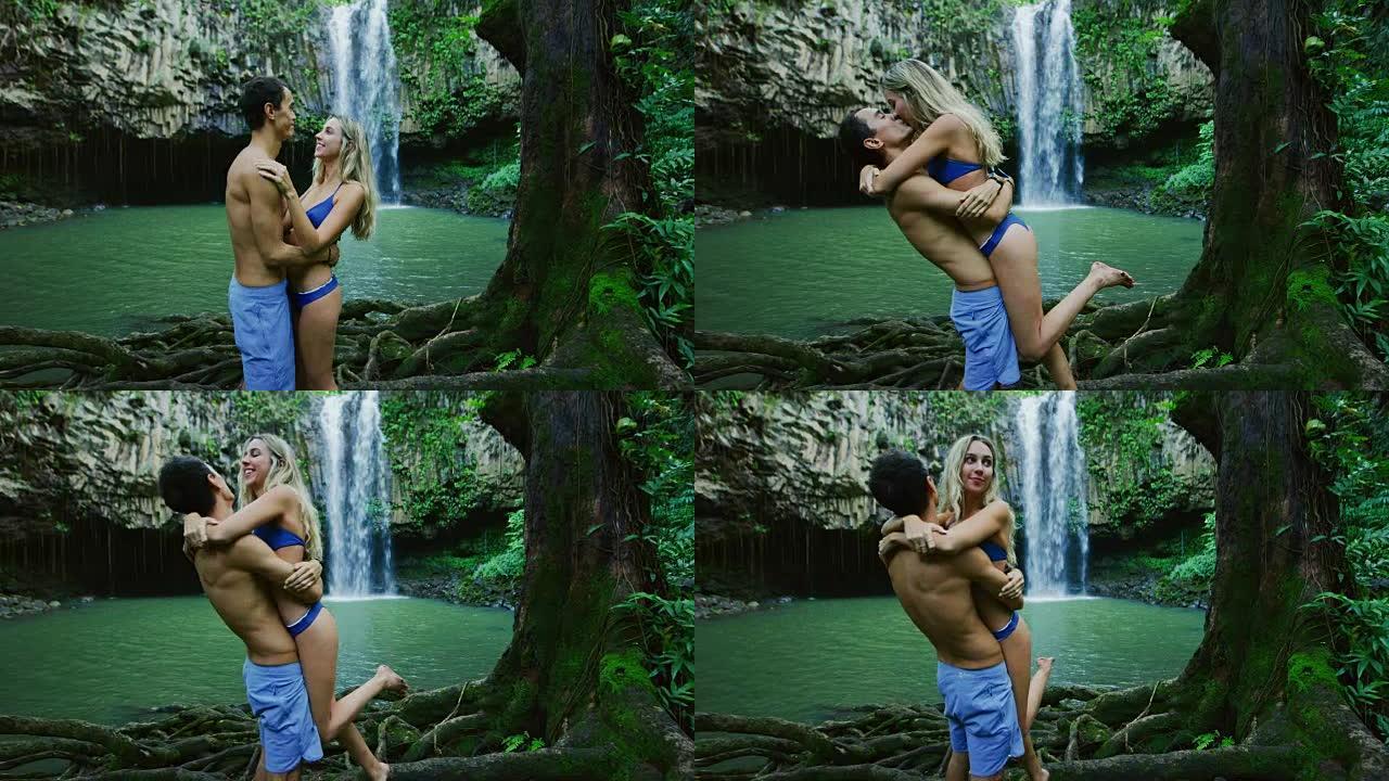 探索丛林瀑布的夫妇
