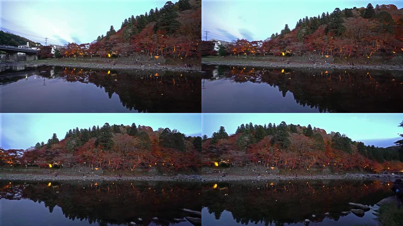平移拍摄Korankei森林公园之夜，灯光照明名古屋日本