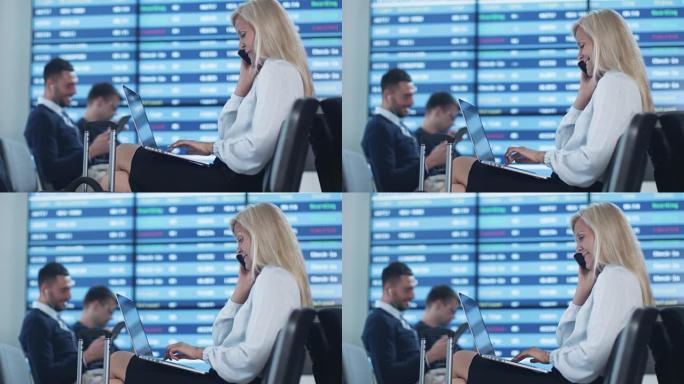 迷人的成年女商人在机场候机室等候登机时正在电话交谈。