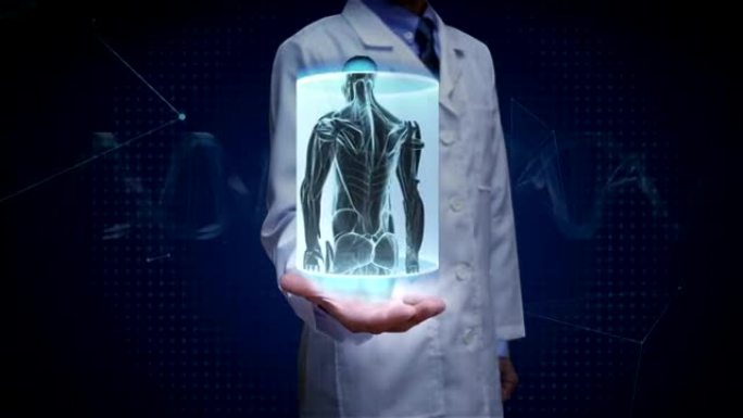 医生打开手掌，放大女性身体，扫描人体肌肉，蓝色x光光。
