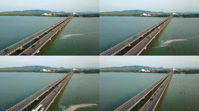 泰国宋卡河上车辆过桥的鸟瞰图