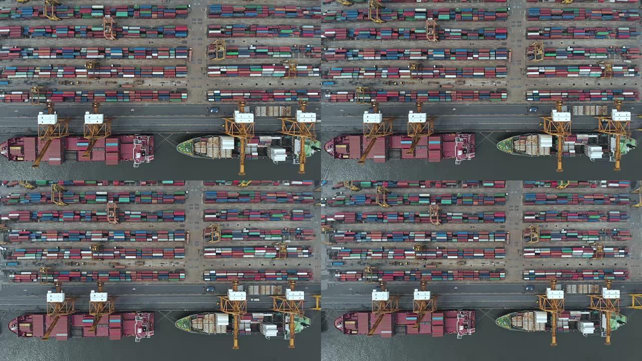工业港口集装箱船的4k鸟瞰图和缩小图。