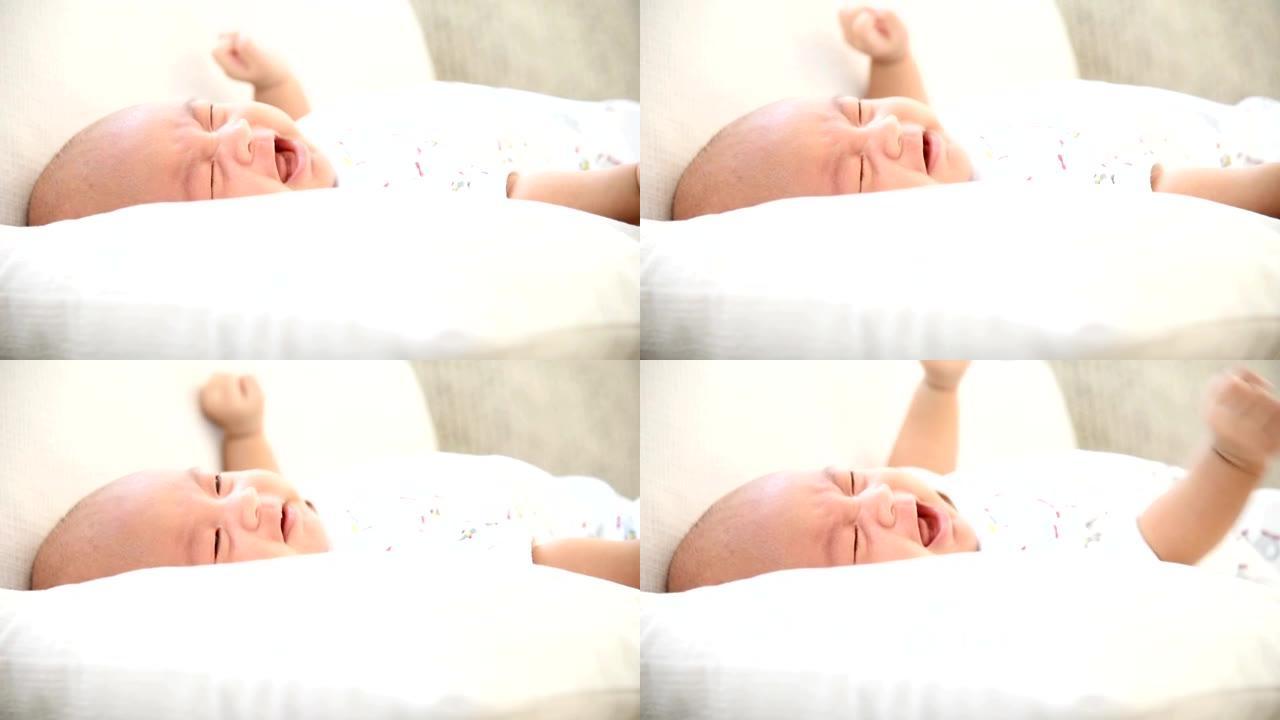 婴儿在白色元素背景上哭泣，慢动作