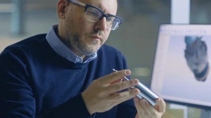 男性总工程师检查组件的耐用性。计算机显示屏显示了用工业设计软件制成的3D涡轮/发动机。