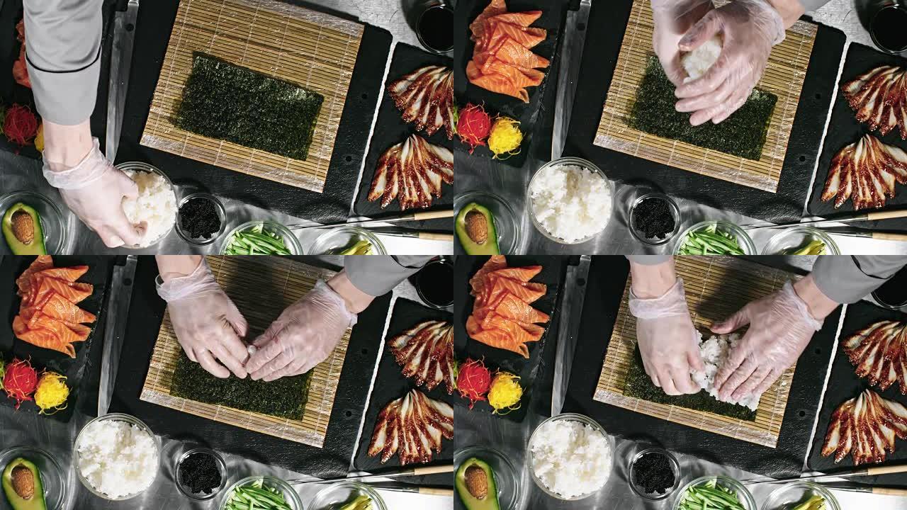 烹饪寿司的俯视图