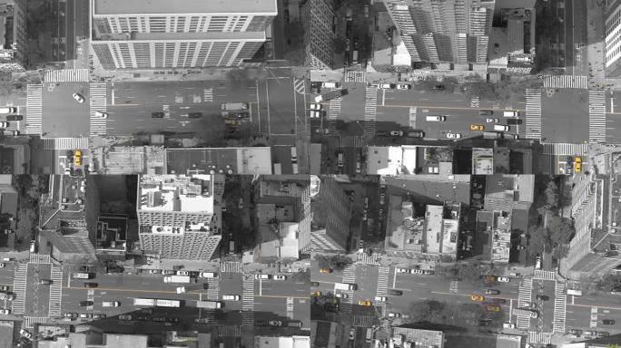 空中: 城市交通在繁忙的大都市道路上行驶的电影镜头。