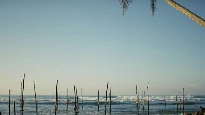棕榈树和阳光明媚的海滩的向下拍摄，钓鱼高跷从海里伸出来。美丽的风景自然。