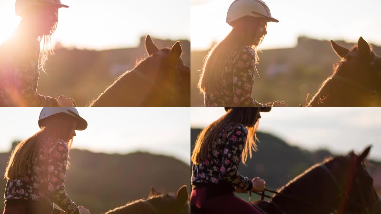 日落时骑马的女人