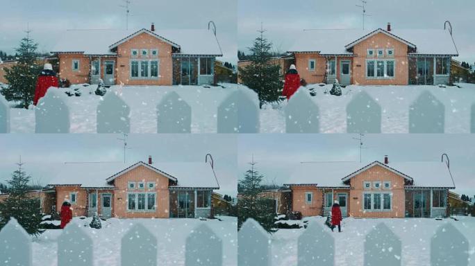 一个冬天，穿着红色外套的美丽年轻女子回到家，她穿过后院走进她田园诗般的房子。软雪正在下。
