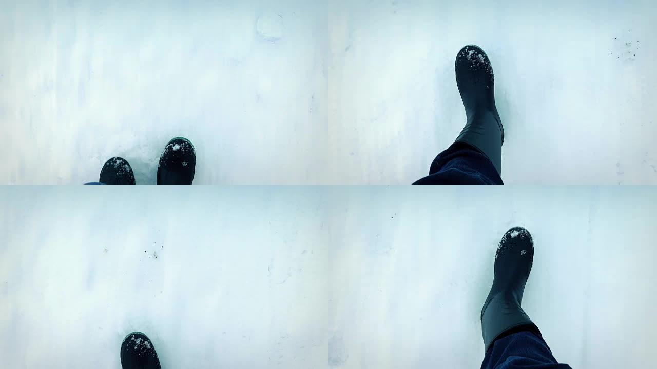 POV靴子在雪地上行走