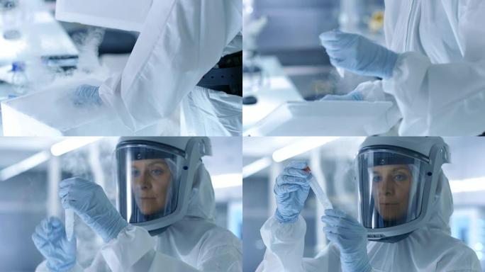 医学病毒学研究科学家穿着带口罩的危险品套装，她用冰箱中分离出的病毒串检查试管。她在无菌高科技实验室/
