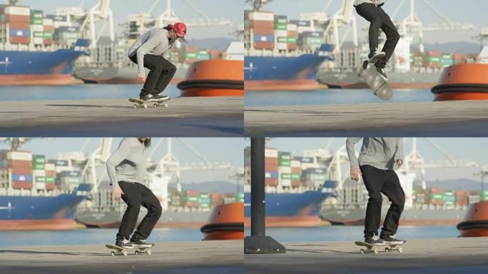 慢动作滑板跳车在港口滑板上表演高跟鞋技巧