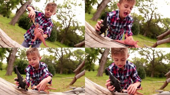小男孩在大自然中玩恐龙玩具