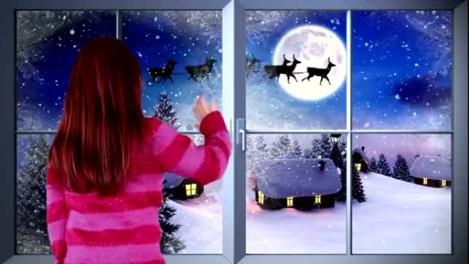 小女孩向圣诞老人挥手飞过村庄