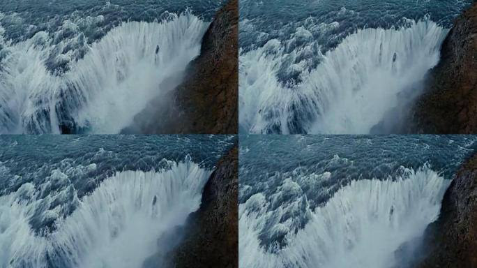 冰岛美丽风景如画的鸟瞰图。强大的瀑布Gullfoss在山上坠落