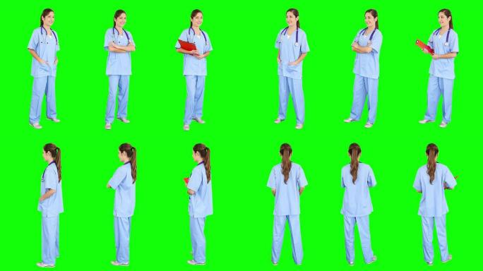 年轻的女外科医生在绿色背景下旋转。3合1。