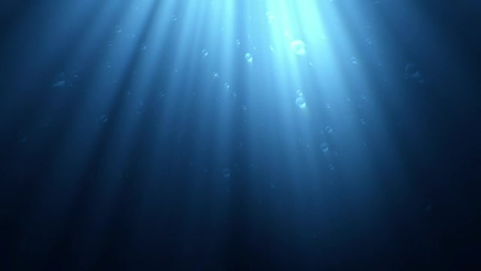 水下场景，气泡漂浮起来，阳光普照在水中。