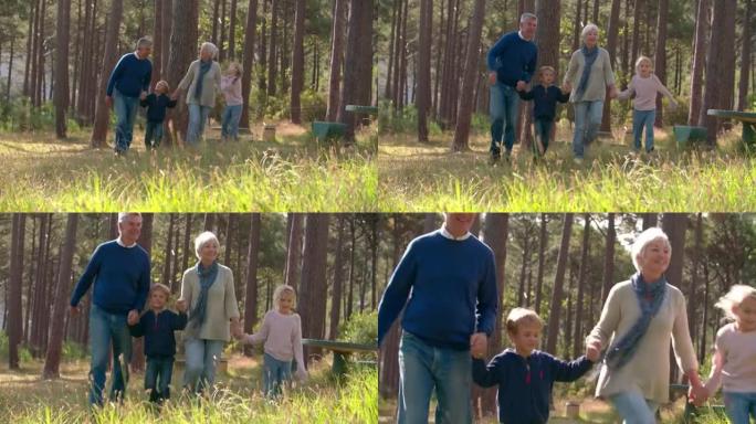 在农村与孙子一起散步的高级夫妇