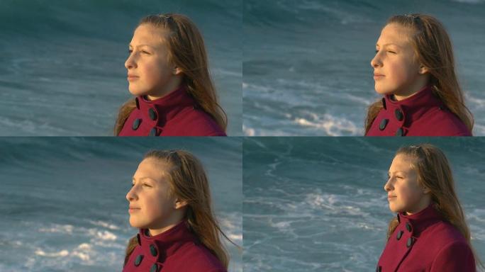 女孩的脸和海上的风暴