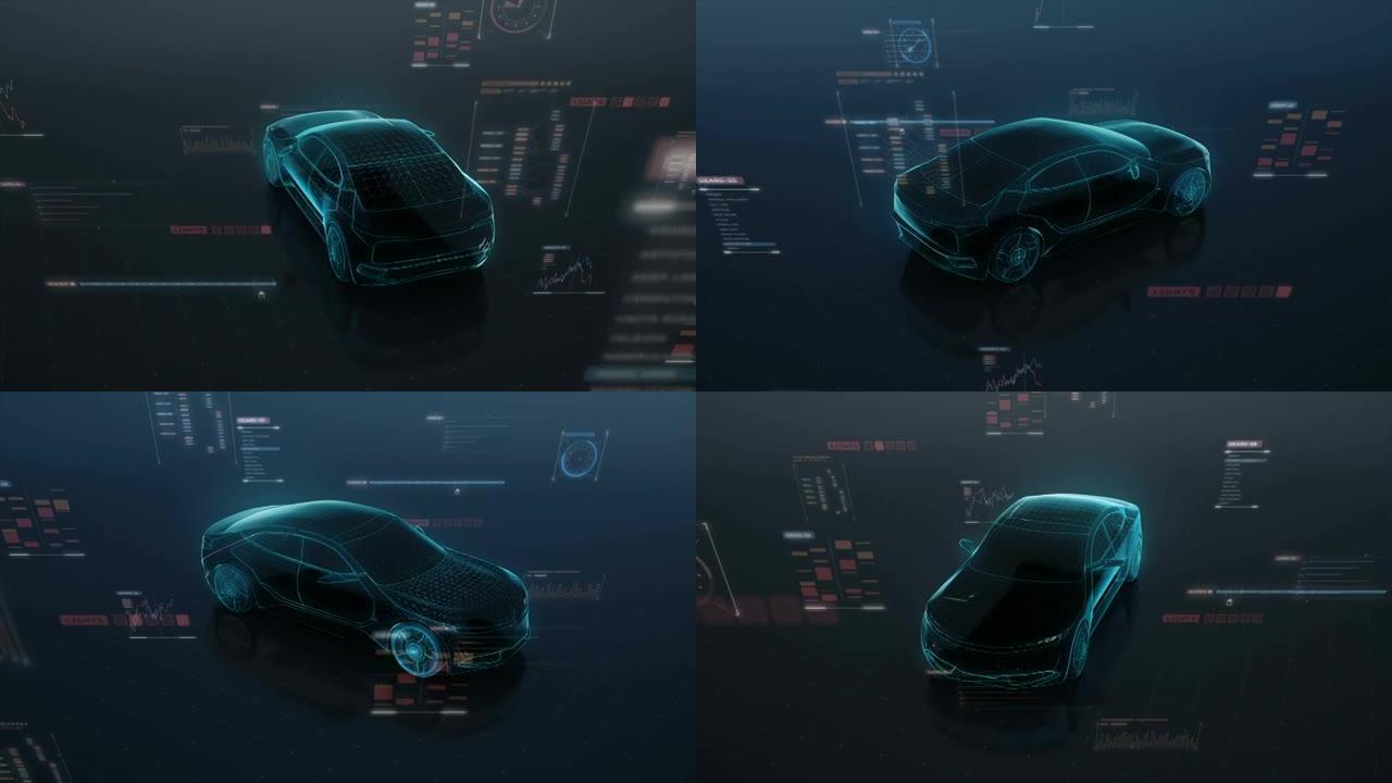 汽车技术。使用用户界面数字线路运行未来汽车。360 x射线视图。4k电影。