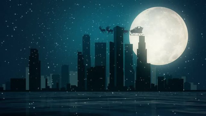 圣诞老人在城市上空飞翔
