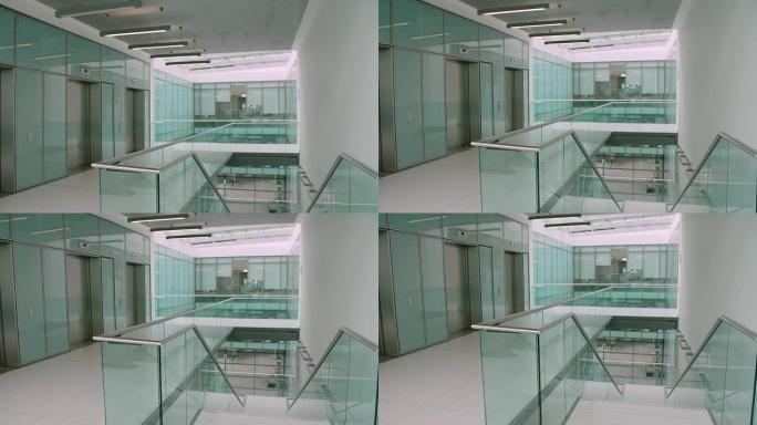 空的现代办公室走廊，垂直平移镜头