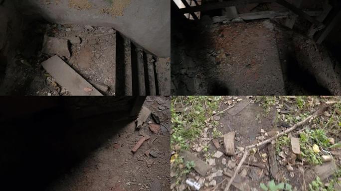 FPV: 在废弃的倒塌建筑物中上升破碎的脆弱楼梯