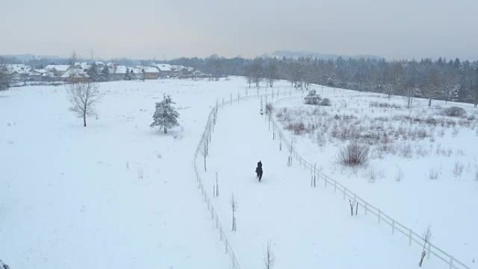 空中: 在下雪的冬天，女骑手骑向郊区城镇