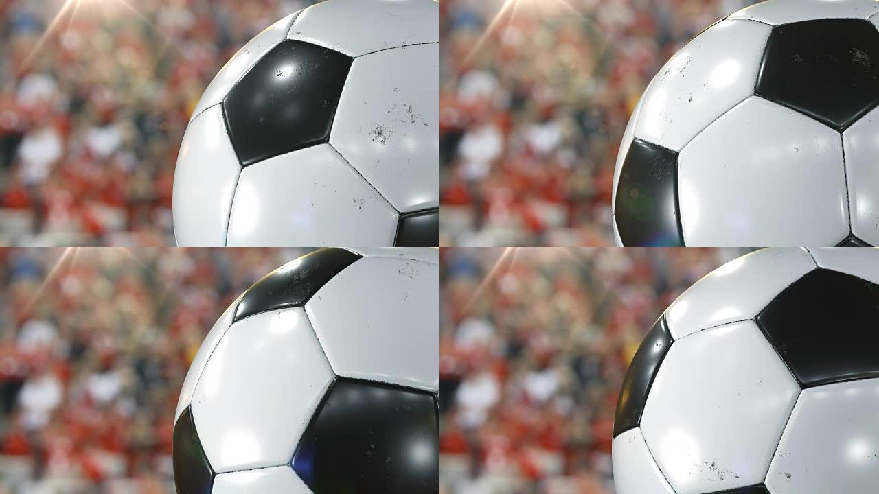 美丽的足球旋转特写镜头在体育场背景下慢动作。转球的循环足球3d动画。4k UHD 3840x2160