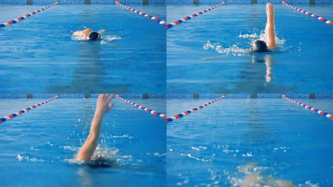 一个女人背游泳，特写。