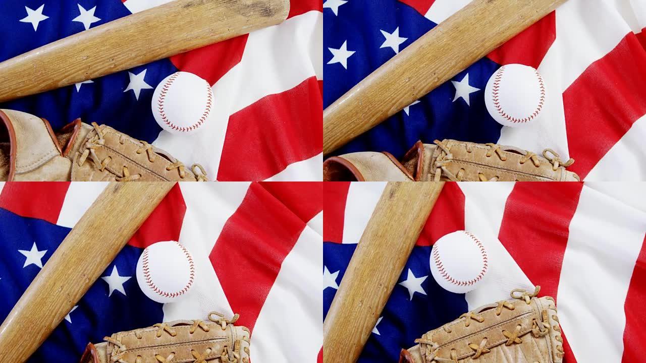 美国国旗上的棒球、棒球棒和棒球手套