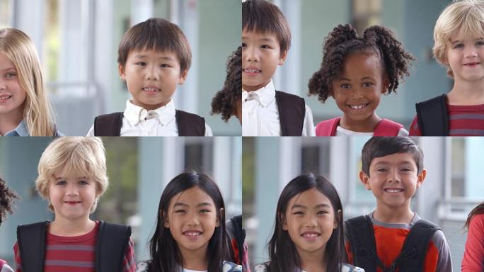 八个微笑的小学生的平移镜头