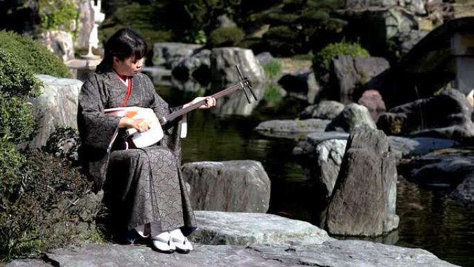 高清：女人在日本花园里玩三味千（视频）