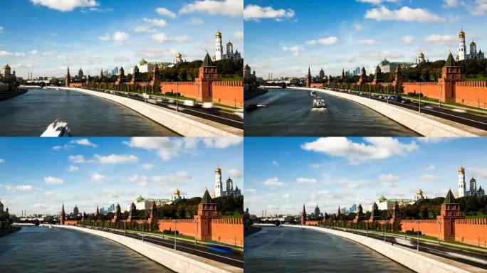 历史中心莫斯科中心与河流，克里姆林宫和交通的延时视图