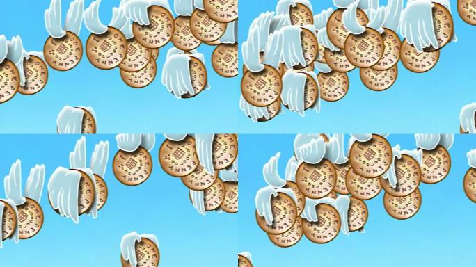 盘旋的卡通英国便士带着翅膀飞过
