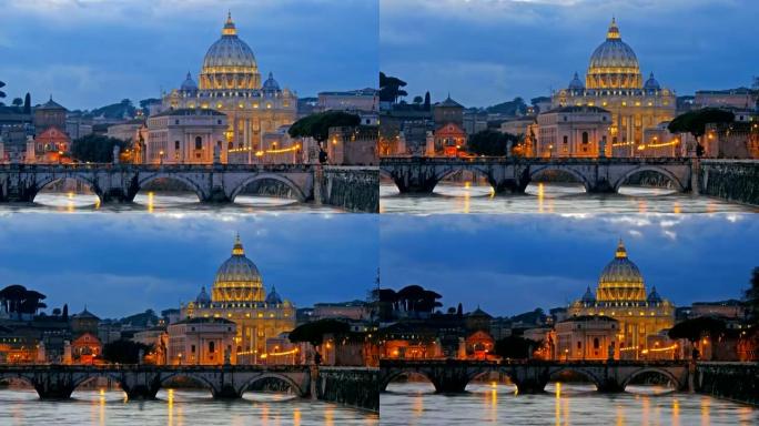 圣彼得大教堂，圣安杰洛桥，梵蒂冈。意大利罗马。时间流逝