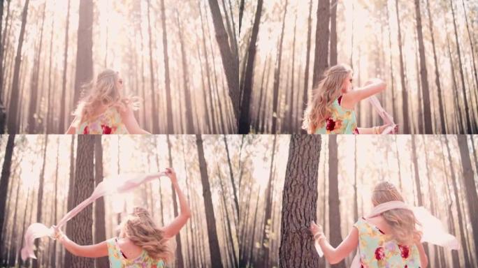 波西米亚风女孩在森林中奔跑的时尚镜头