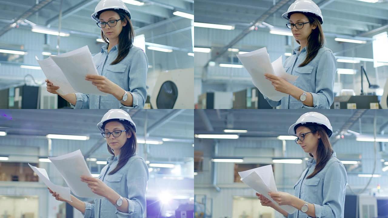 戴着安全帽的女工程师站在大工厂中间时会带着蓝图工作。