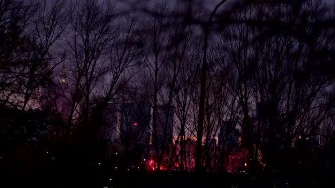 大城市的暴乱。夜景和红色烟雾
